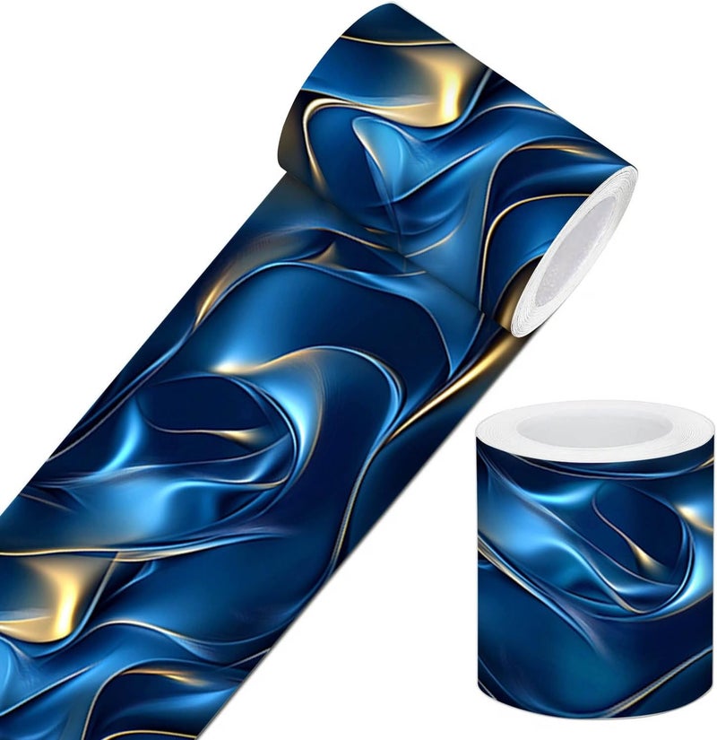 IVN Wallpaper Border Peel and Stick Decorative Wall Trim Self Adhesive Blue and Gold Wave Accent Strip for Bathroom Laundry Room Pool Area Mirror Frame Shelf Wall Edge 4x196 Inch Modern Design - Image 1
